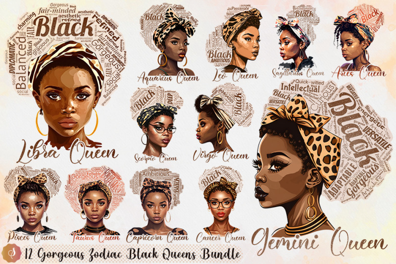 12 Gorgeous Zodiac Black Queens Bundle By Zemira | TheHungryJPEG