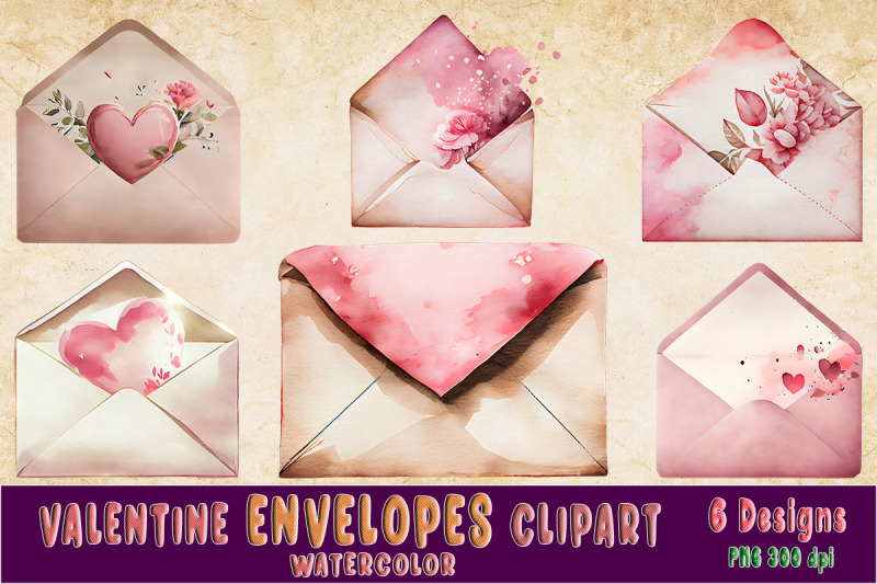 Valentine Envelopes Watercolor Clipart bundle By ChippoaDesign ...