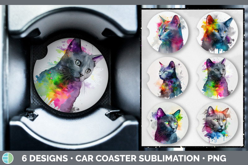 Rainbow Russian Blue Cat Car Coaster | Sublimation Designs Bundle By ...