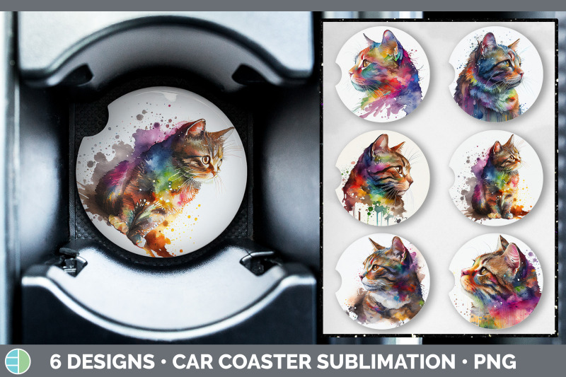 Rainbow Tabby Cat Car Coaster | Sublimation Designs Bundle By Enliven ...