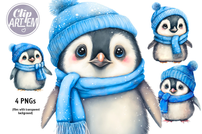 Boy Penguin Blue Winter Hat Watercolor PNG Clip Art Bundle By clipArtem ...