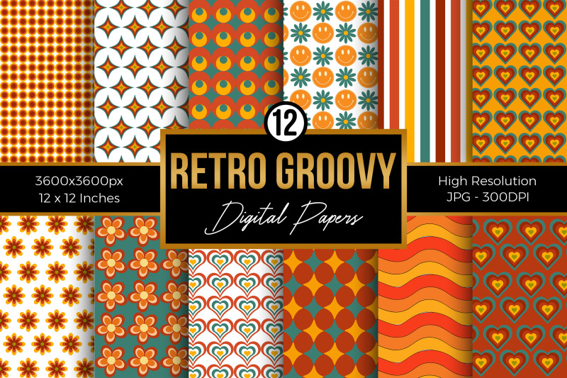 Retro Groovy Digital Papers By CreativeStore | TheHungryJPEG
