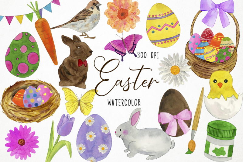 Watercolor Easter Clipart, Spring Clipart, Springtime Clipart, Bunny By ...