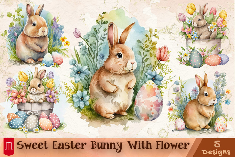 Sweet Easter Bunny With Flower Bundle By Zemira Thehungryjpeg