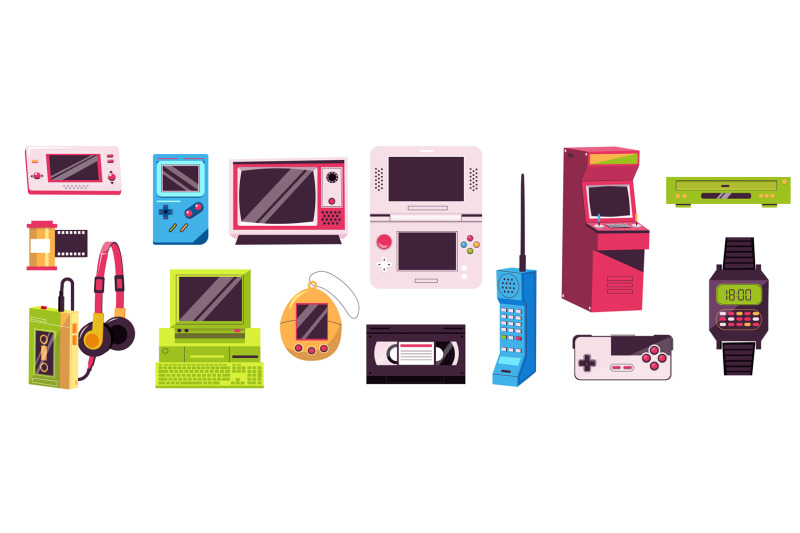 Retro devices. Cartoon vintage 90s gadgets, cute colorful hipster