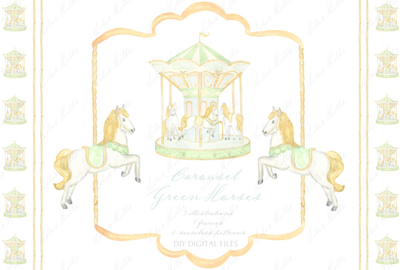 Carousel Horses Green Watercolor DIY By LABFcreations | TheHungryJPEG