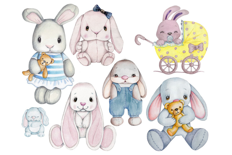 Collection of watercolor baby bunnies. By Teddy Bears and their friends ...