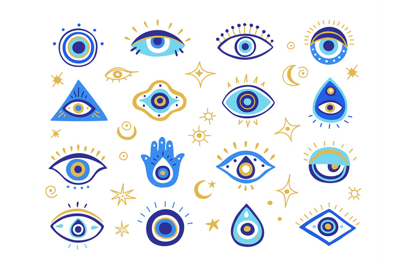 Evil eye symbols. Mystic Greek and Turkish eyes of evil malevolent gla By  WinWin_artlab