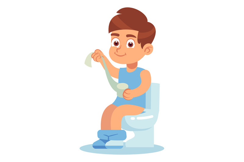 Boy in toilet. Cute little child sitting on potty with paper roll in h ...