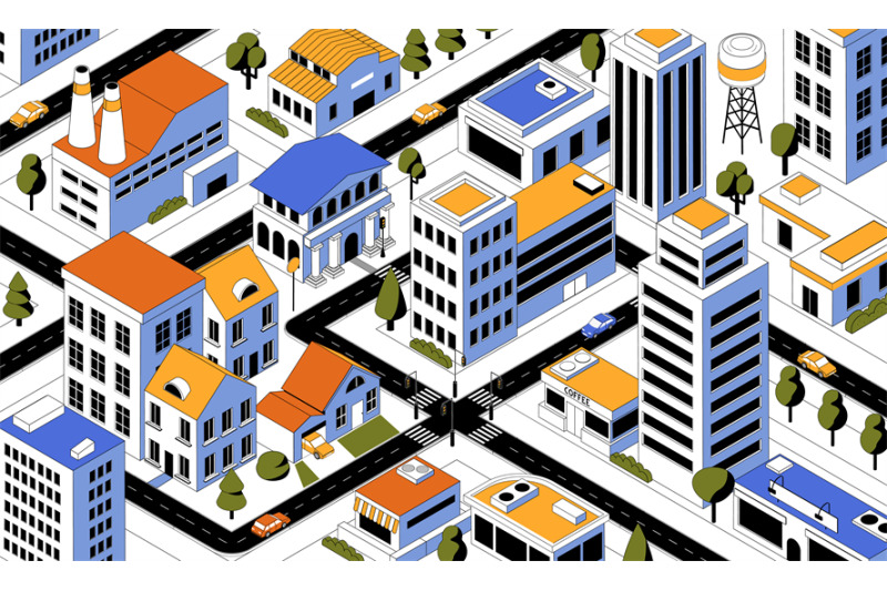 Isometric city. Top view of districts and roads. Cartoon buildings and ...