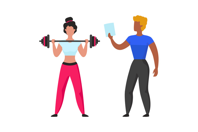 Gym coach. Cartoon fitness trainer helps girl workout. Instructor teac ...