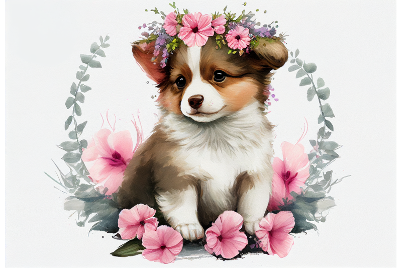 Cute Baby Dog with Flowers By Athena | TheHungryJPEG