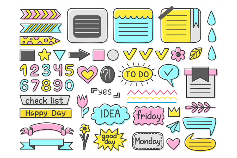 Doodle diary elements. Bullet journal cute stickers, calendar labels ...