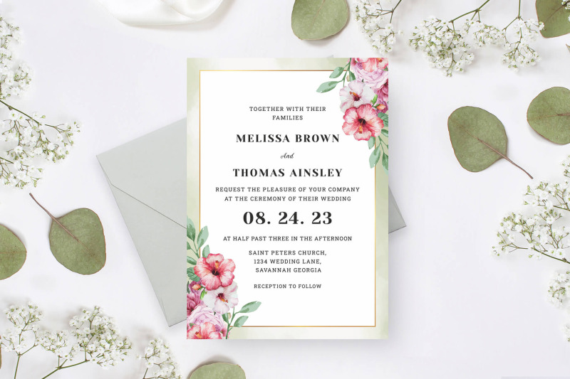 Watercolor Pink Green Wedding Invitation By CreativeWhoa | TheHungryJPEG