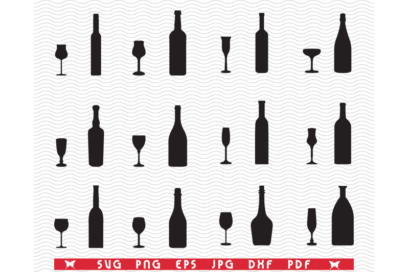 SVG Wine Bottles and Glasses, Black silhouettes, Digital clipart By ...