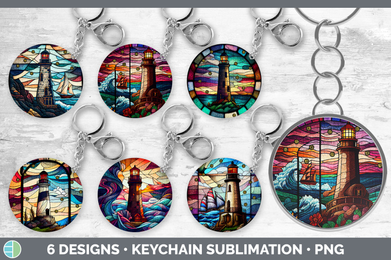Stained Glass Lighthouse Keychain Sublimation Keyring Designs Bundle