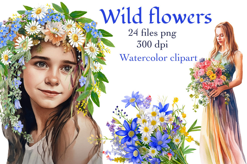 Wildflowers, bouquets, wreaths, girls, watercolor clipart By Marine ...