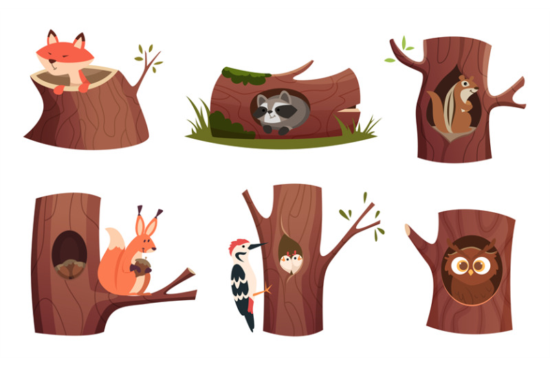 Animals in tree holes. Wild wooden animals living in forest cozy hollo ...