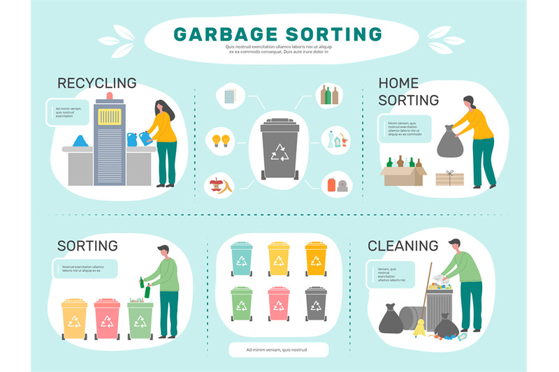 Garbage recycling. Waste management infographic characters collect gar ...