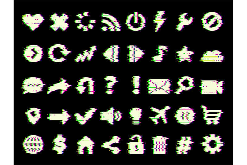 Glitched icons. Web media symbols in grunge style glitched ui pictures ...