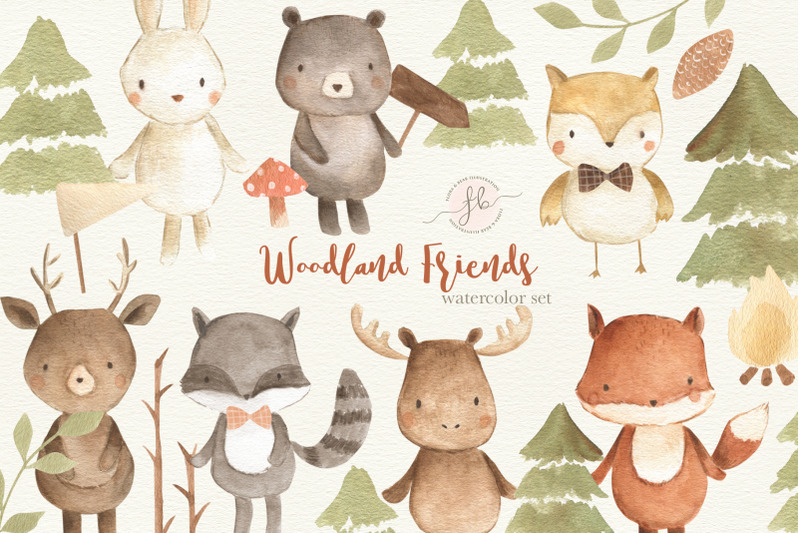 Woodland Animals watercolor illustration By Flora & Bear | TheHungryJPEG