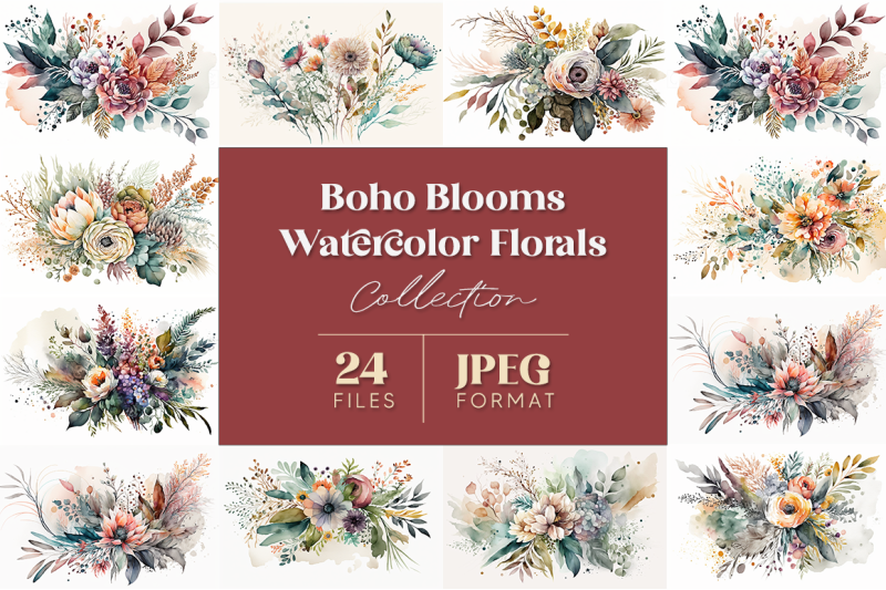 Boho Blooms Watercolor Florals Collection By artsy-fartsy | TheHungryJPEG