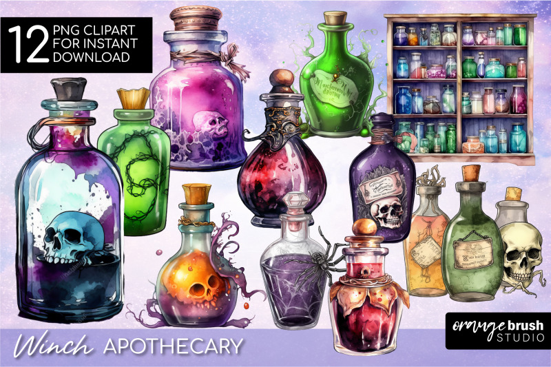 Witch Apothecary Clipart Watercolor Halloween Potion Bundle By Orange ...