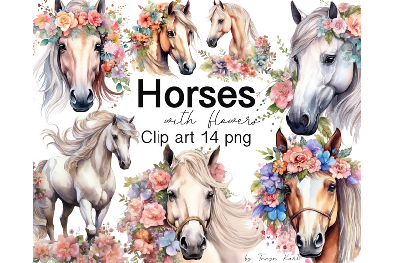 Horses with Flowers Clipart - 14 Png Files By Tanya Kart | TheHungryJPEG