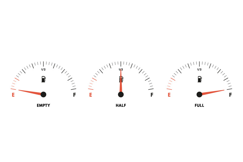 Fuel gauge levels. Full, half and empty gas tank level indicator. Gaso