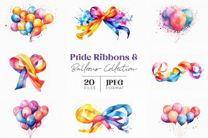 Rainbow Ribbons and Balloons Collection By artsyfartsy TheHungryJPEG