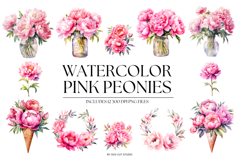 Watercolor Pink Peonies Clipart Set of 12 By SVG Cut Studio | TheHungryJPEG