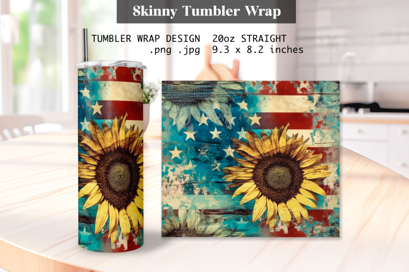 Sunflower American flag July 4th Tumbler Wrap Design Png By kYo Digital ...