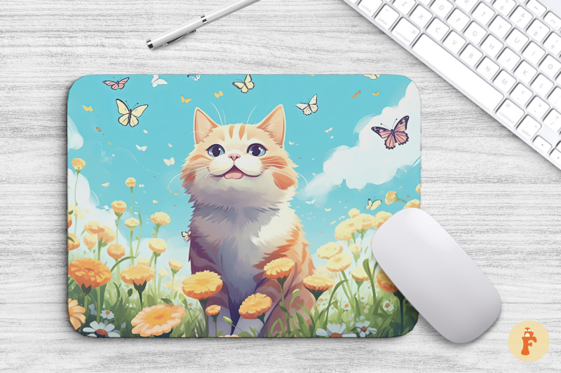 Mouse Pad Happy Cat And Butterfly By Mulew Art | TheHungryJPEG