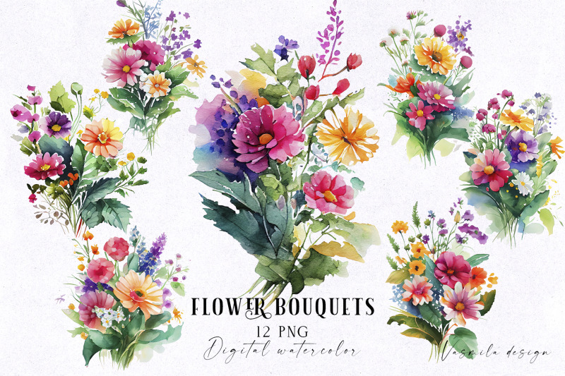 Watercolor wildflower bouquets By Vasmila Design | TheHungryJPEG