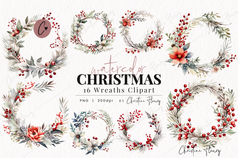 16 Watercolor Christmas Wreath Clipart By Christine Fleury | TheHungryJPEG