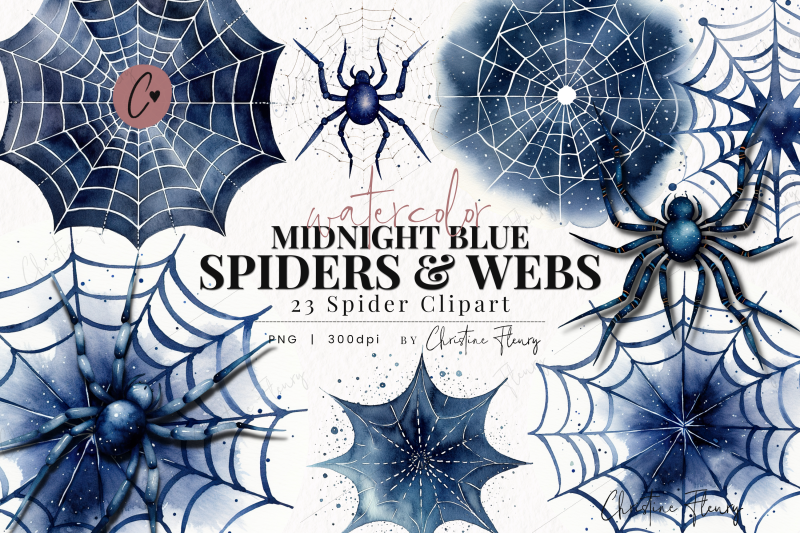 Watercolor Midnight Blue Spiders & Webs By Christine Fleury | TheHungryJPEG