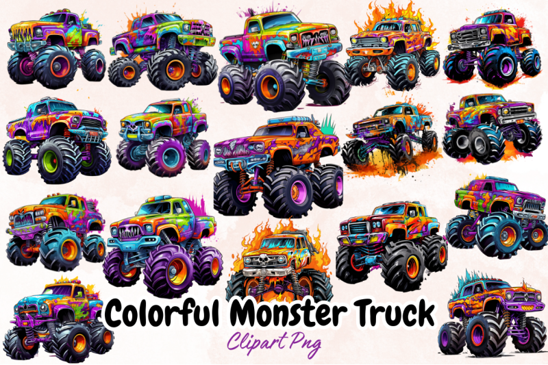 Colorful Monster Truck Clipart Bundle By Bundlestshirt | TheHungryJPEG