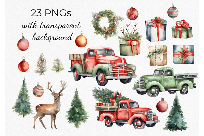 Watercolor Retro Christmas trucks, gifts, trees and balls clipart PNG ...