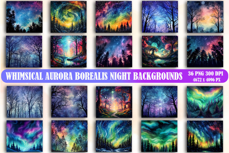 Whimsical Aurora Borealis Night Backgrounds Bundle By Mulew Art ...