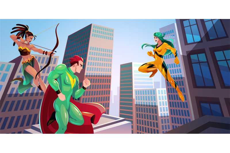 Superheroes team in city. Cartoon characters in color costumes with su ...