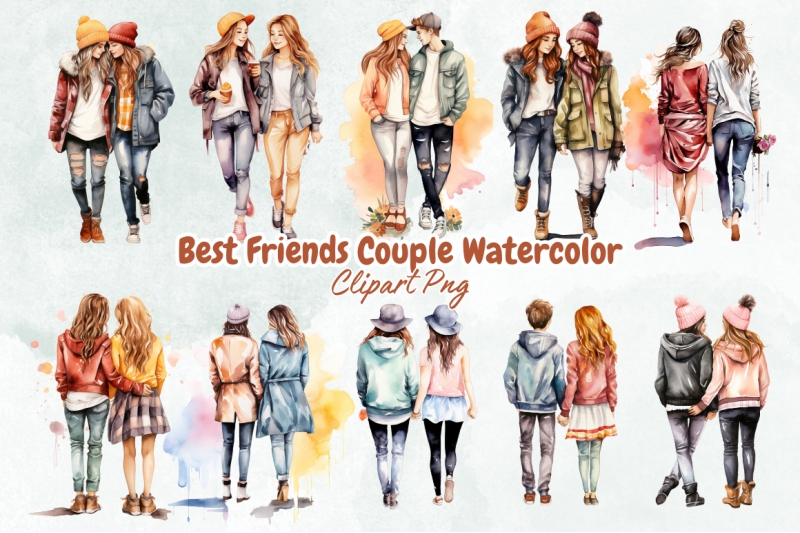 Best Friends Couple Watercolor Clipart By Bundlestshirt | TheHungryJPEG