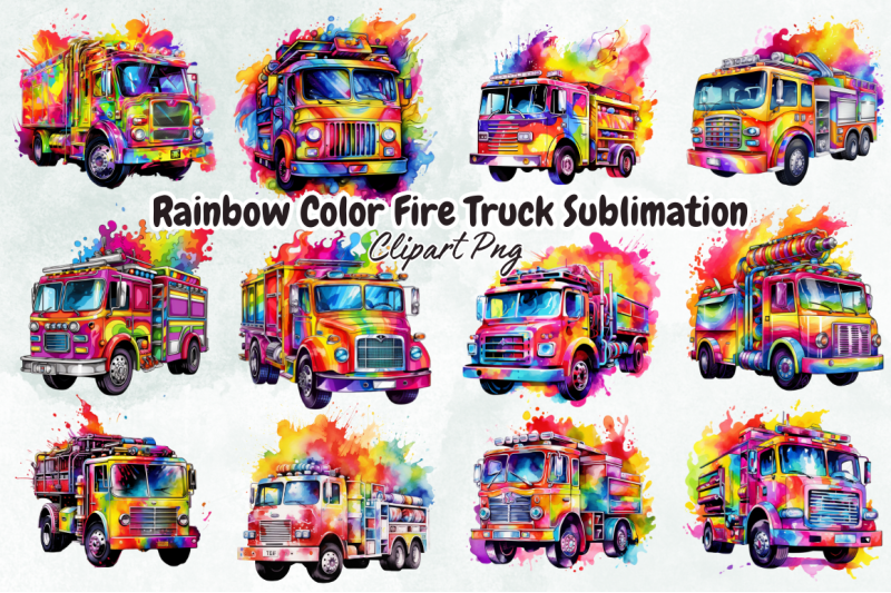 Rainbow Color Fire Truck Sublimation By Bundlestshirt | TheHungryJPEG