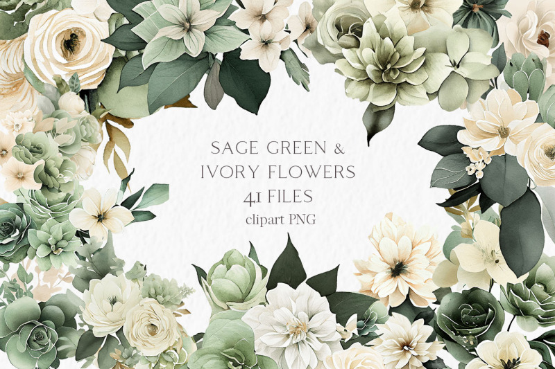 Sage green ivory flowers Watercolor Clipart PNG By MyLittleMeow ...