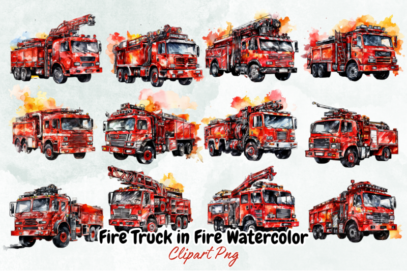 Fire Truck in Fire Watercolor Clipart By Bundlestshirt | TheHungryJPEG