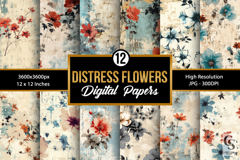 Distress Flowers Pattern Digital Papers By Creativestore 