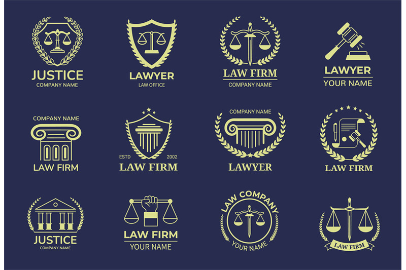 Law emblems. Lawyer badge template with scales of justice, judges gave ...