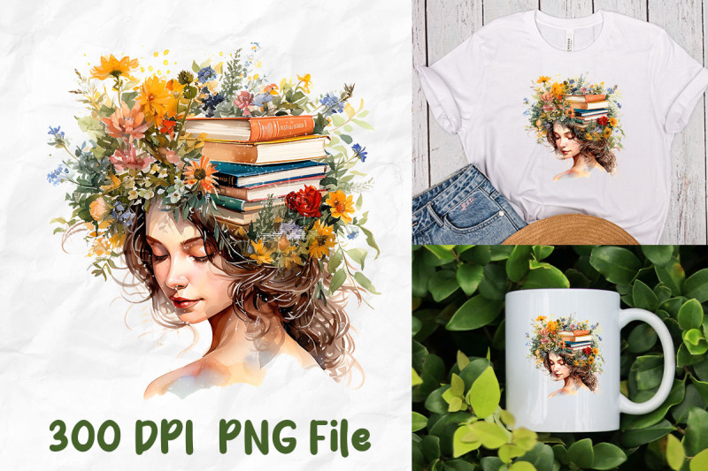 Retro Girl Head Filled With Book Flower By Unlimab | TheHungryJPEG