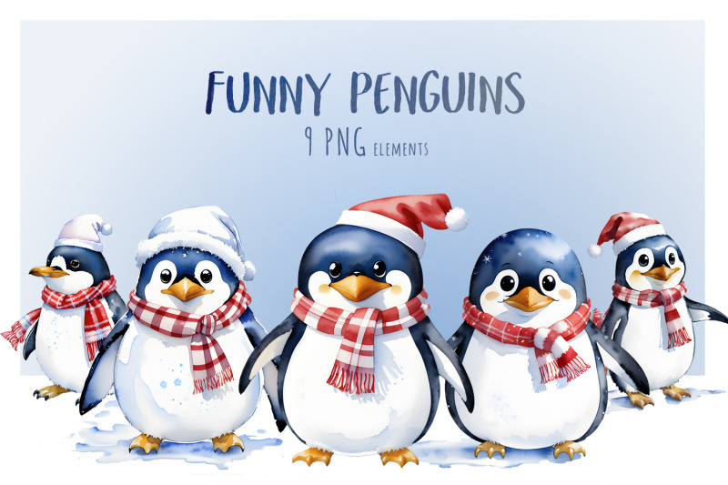 Funny Penguins Watercolor Illustrations | Png Clipart Bundle By DIGI
