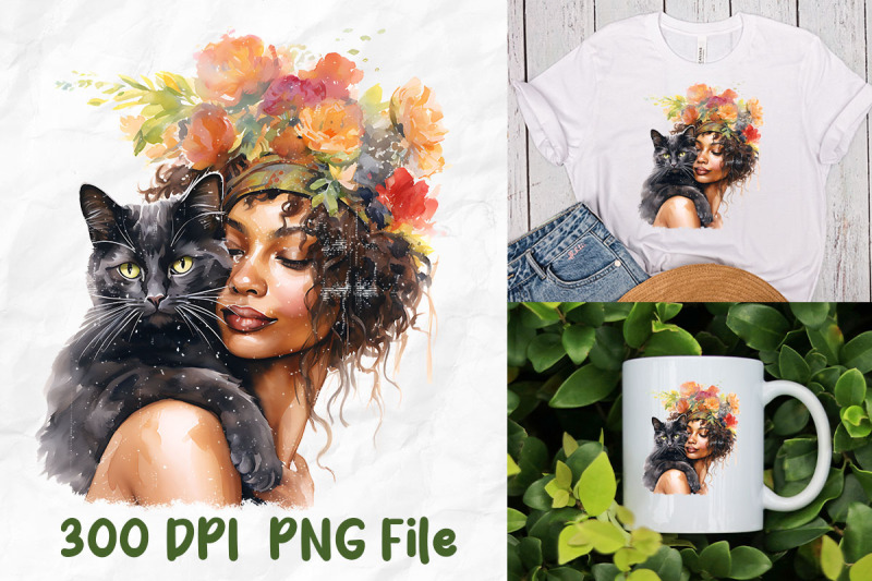 Black Cat Hug Black Girl Wild Flowers By Unlimab | TheHungryJPEG