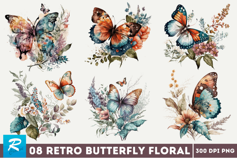 Retro Butterfly Floral Sublimation By Regulrcrative | TheHungryJPEG